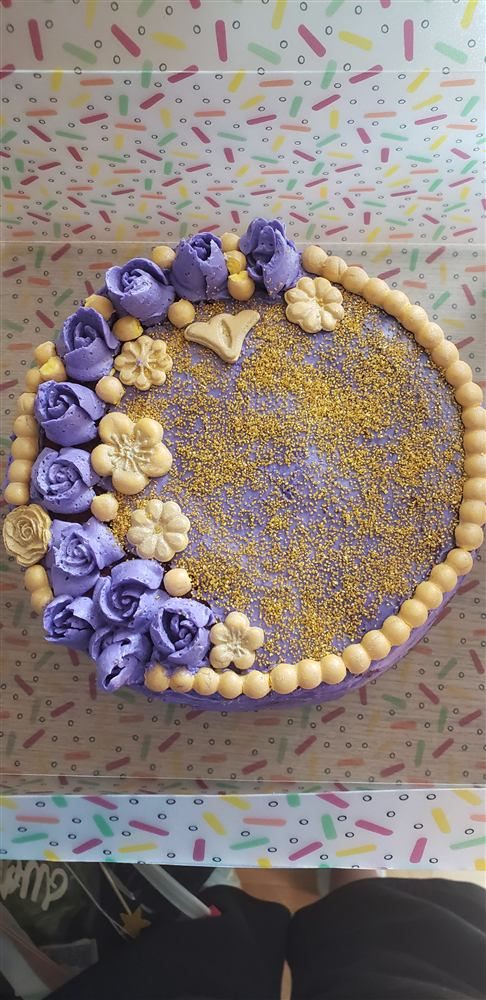 Purple and gold buttercream flower cake